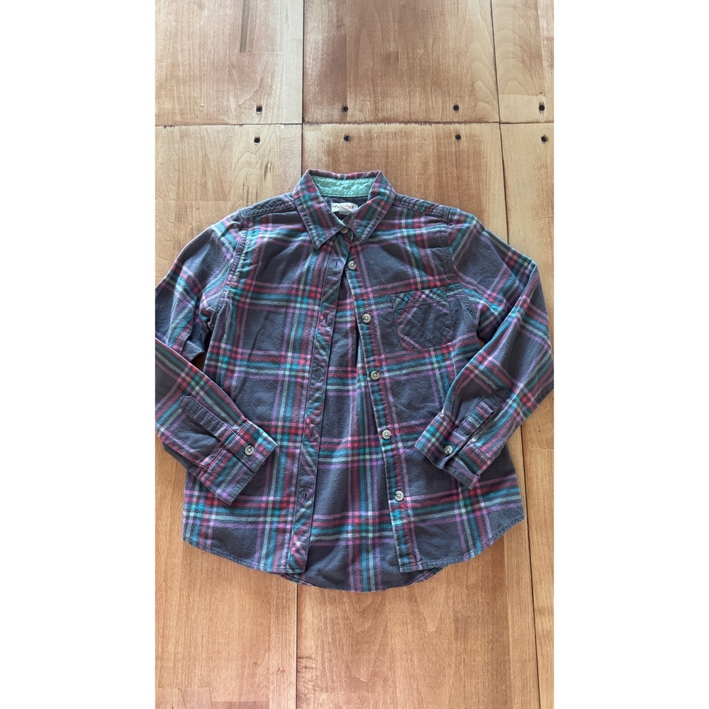 Cat & Jack Kids M 7/8 Gray Pink Teal Plaid Flannel Button Down Shirt‎ Cotton